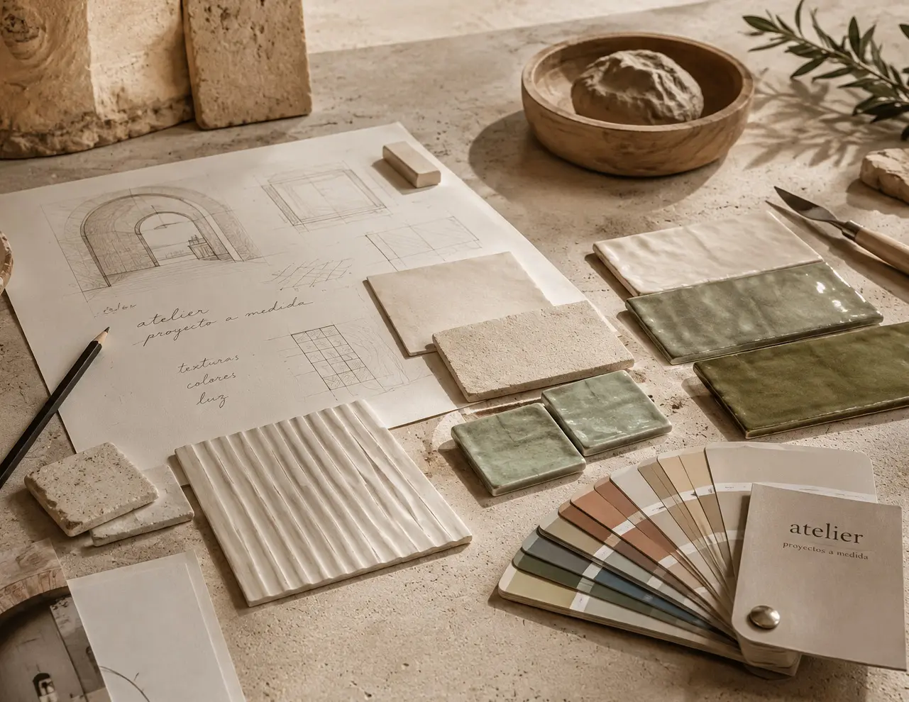 Muestras, bocetos y materiales del Atelier de Alma de Barro